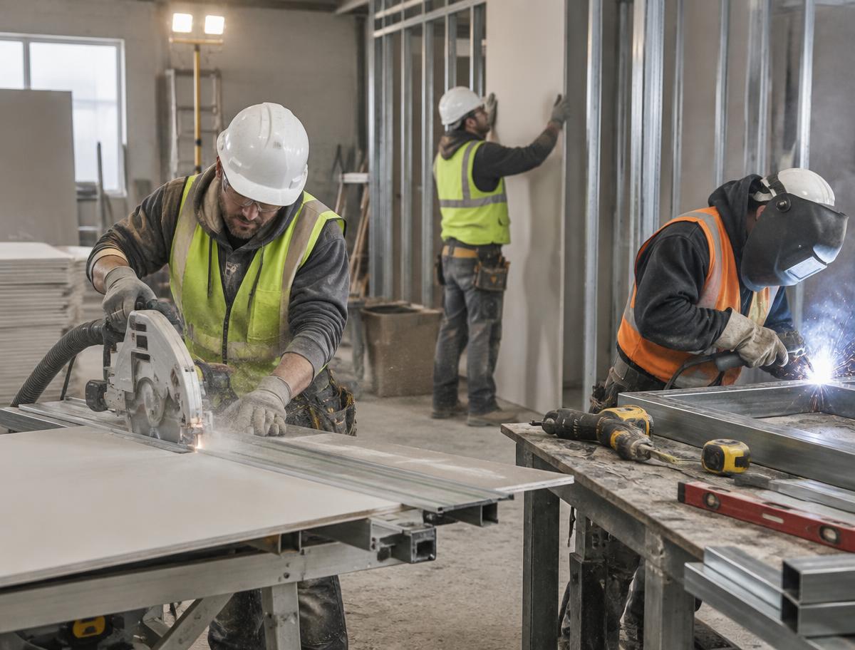 Equipo de DRYWALLMETAL cortando placas y soldando perfiles en taller