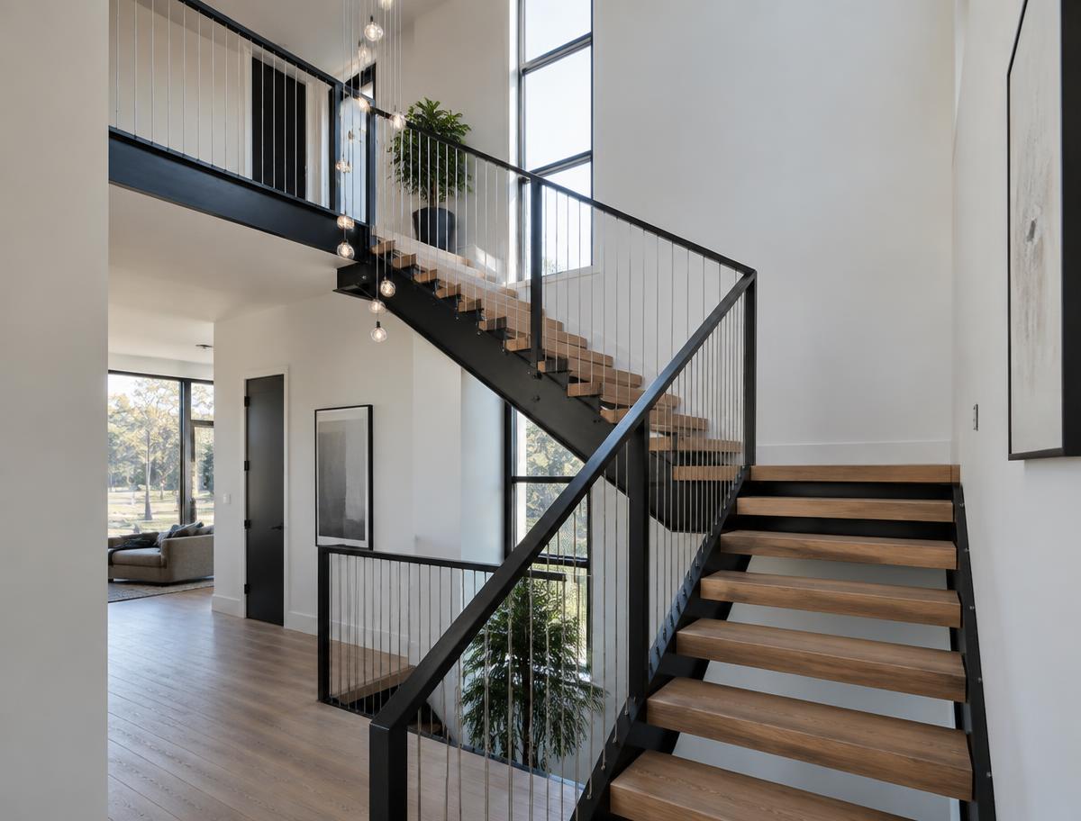 Escalera metálica con baranda dentro de una vivienda