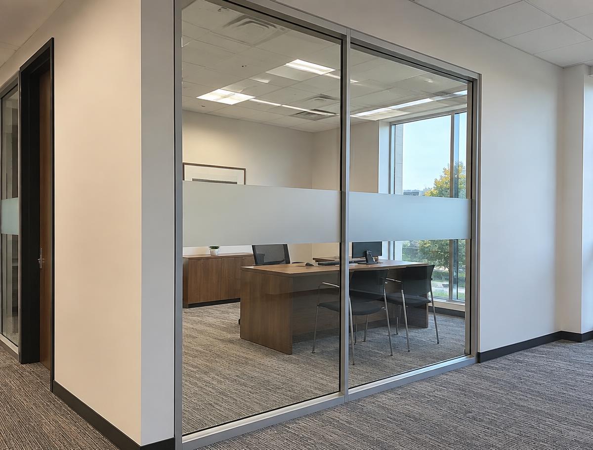 División de oficina en drywall con panel de vidrio
